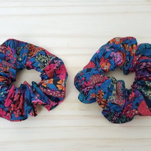 Chouchou bleu en coton - motif fleurs